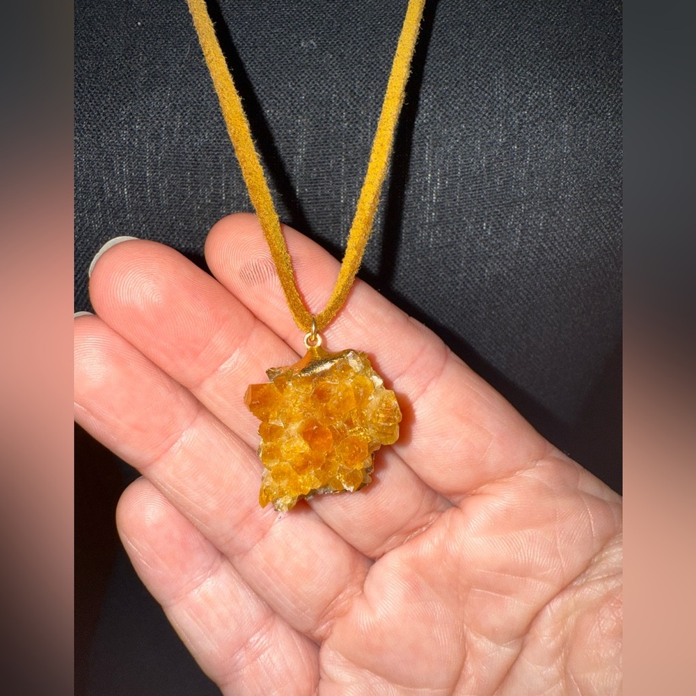 Citrine Raw Stone Pendant on Leather Cord Necklace 15”